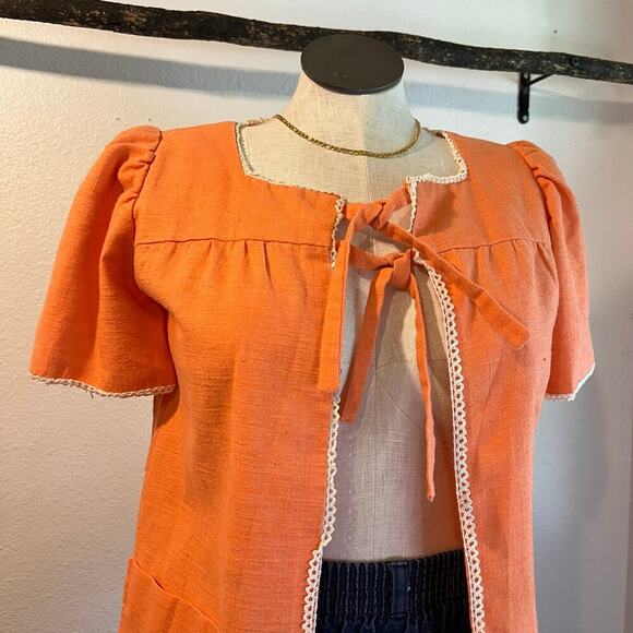 Handmade Orange Textured Two Bow Tie Puffed Short Sleeve Blouse Size Medium - Picture 8 of 11